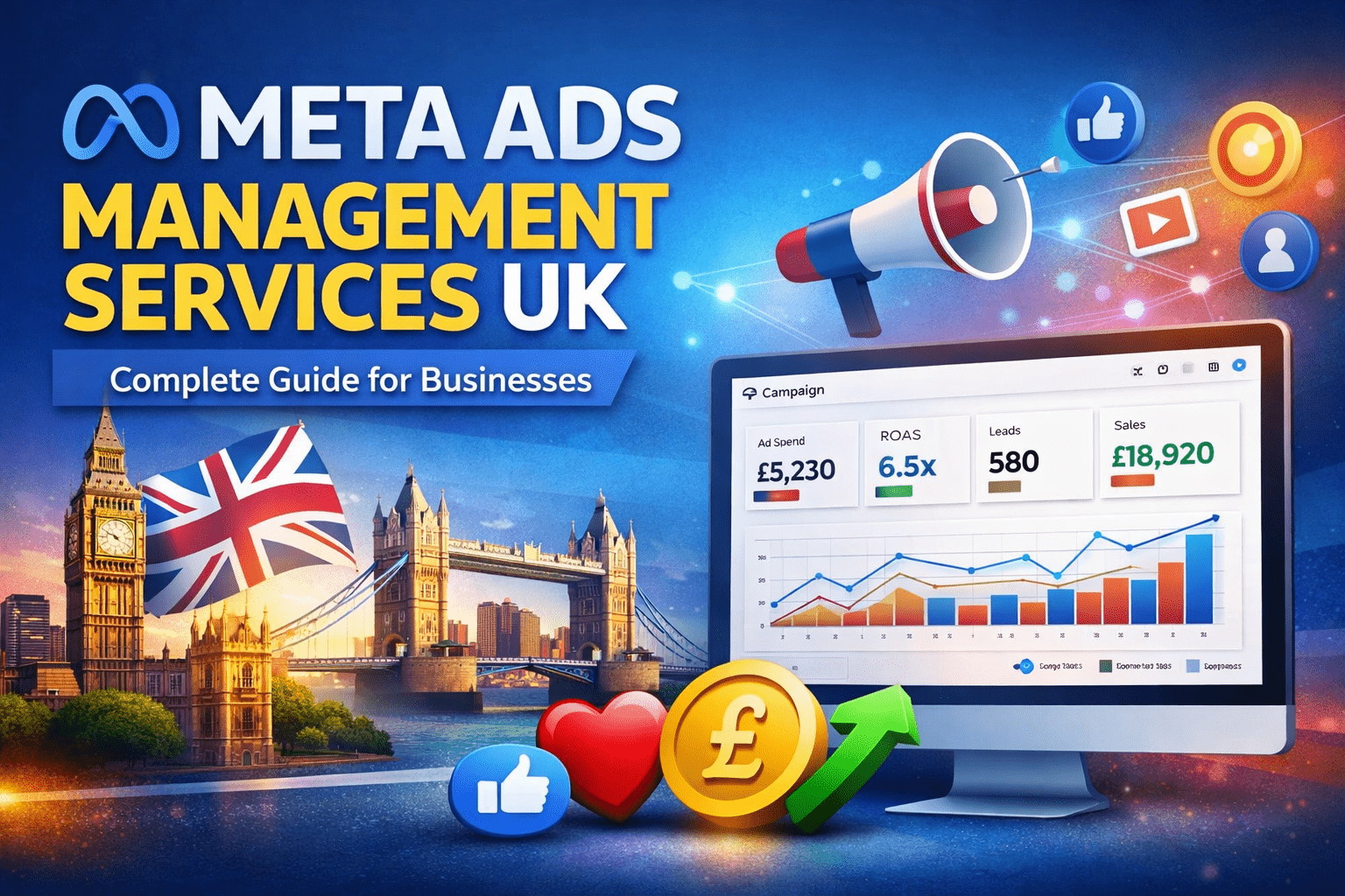 Meta Ads Management Services UK dashboard showing campaign performance and analytics