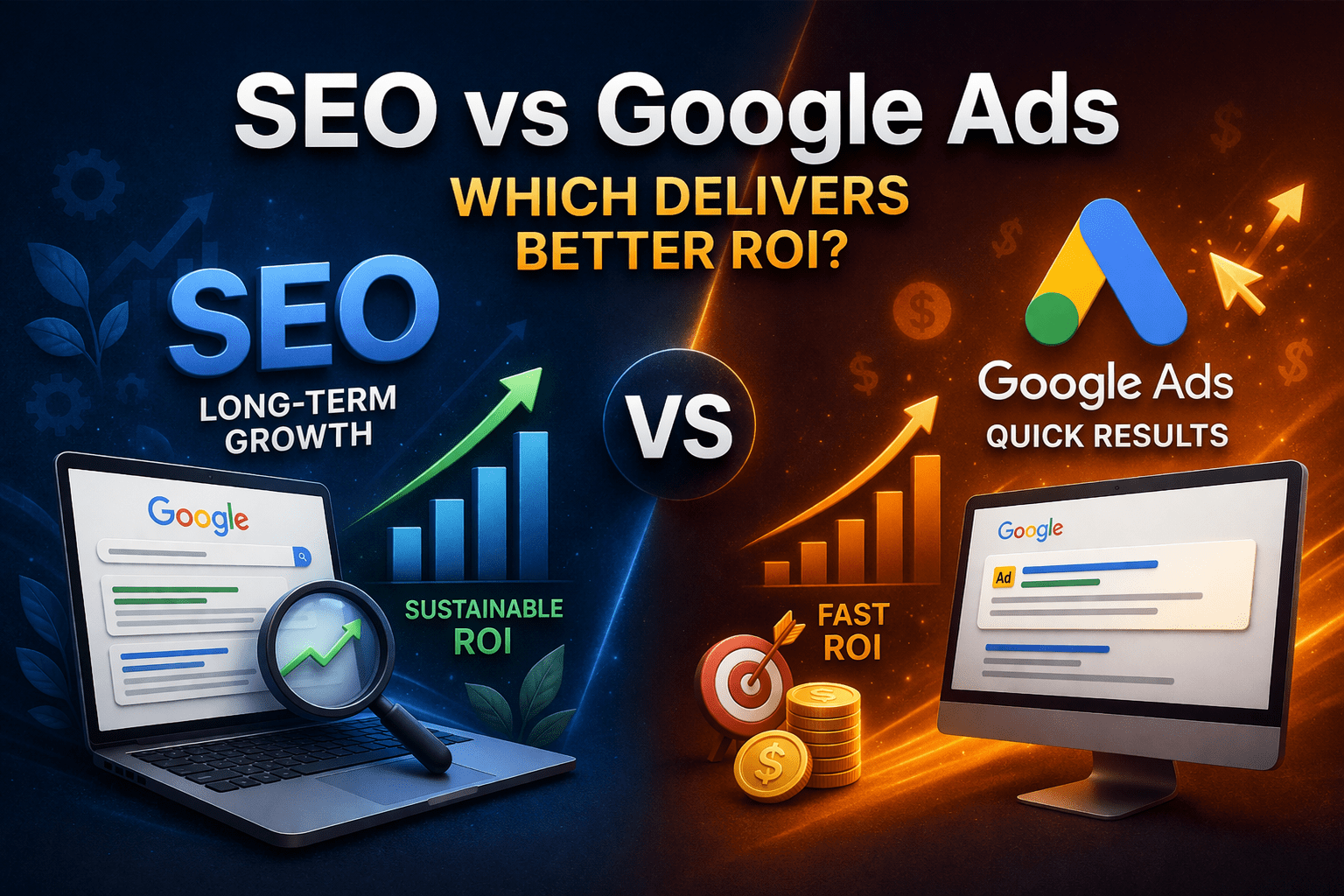 SEO vs Google Ads ROI comparison infographic